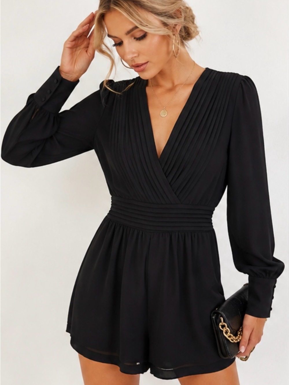 Necessary Clothing Black Long Sleeve Pleated Romper Size Small